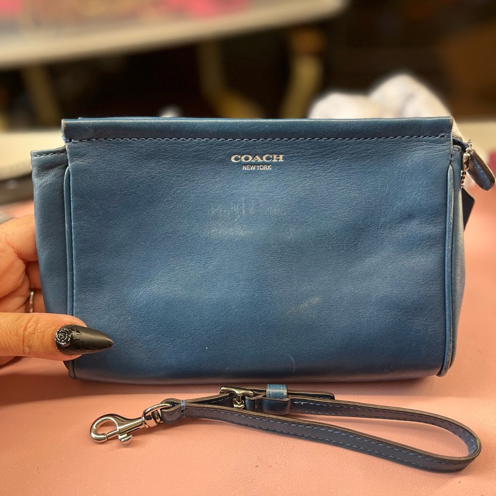 Coach Blue Leather Wristlet Clutch with Silver Hardware